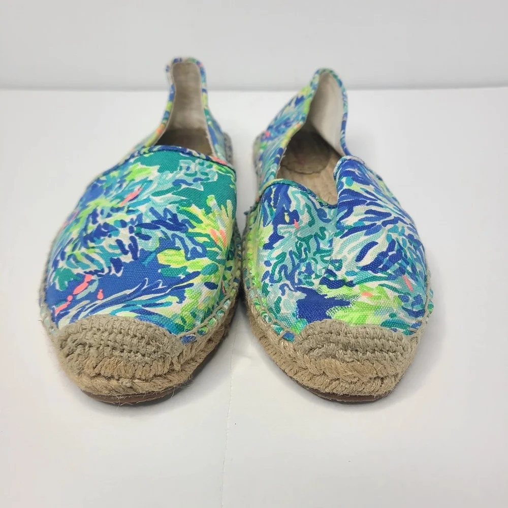 LILLY PULITZER Lia Espadrille Flats Wade and Sea Blue Green Floral Slip On Sz 9